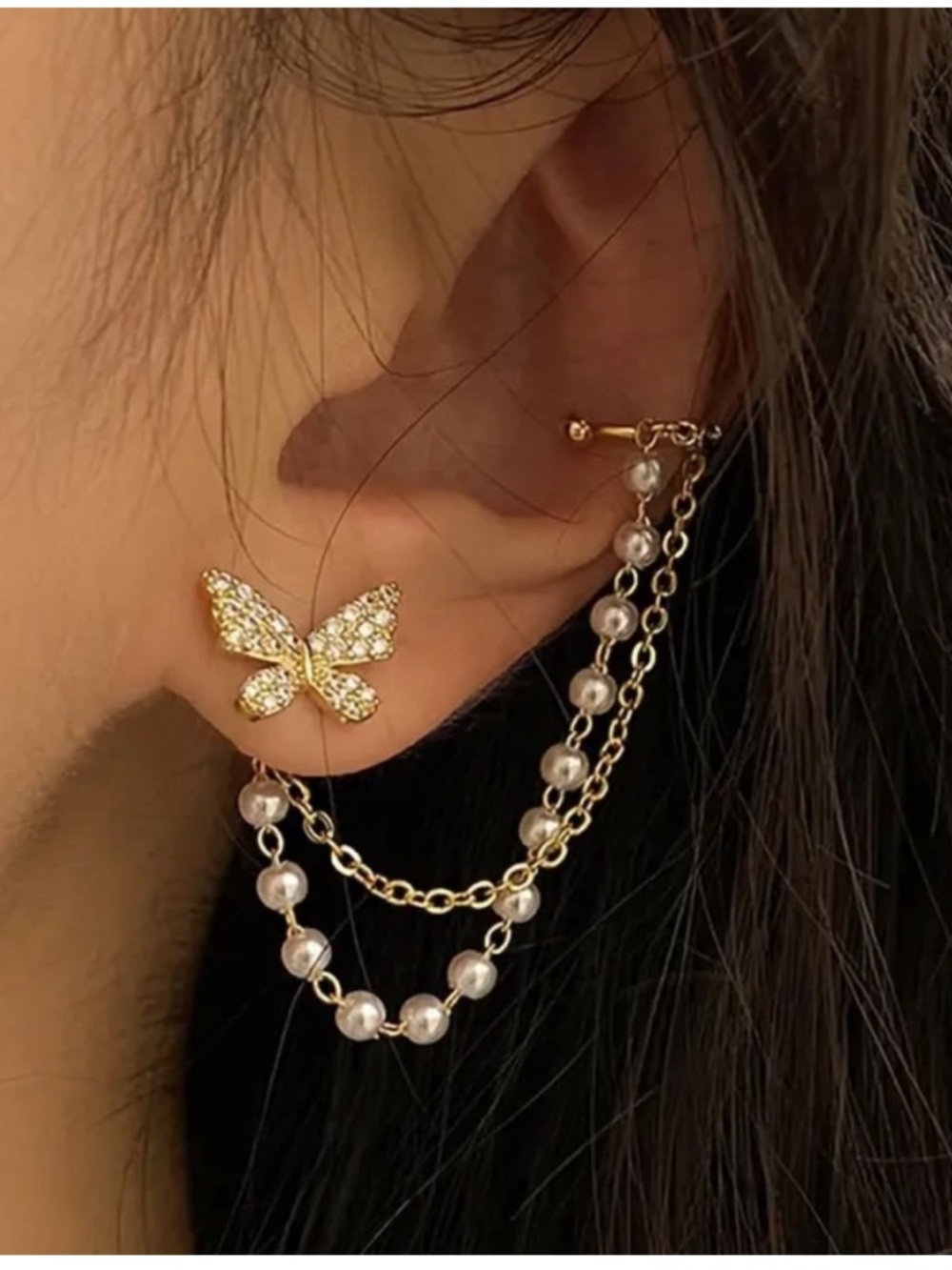 Gold Butterfly Pearl Chain Ear Cuff - Women's Jewelry